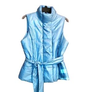MERONA Women’s Small Puffer Blue Belted Vest Pockets Lightweight Fitted EUC